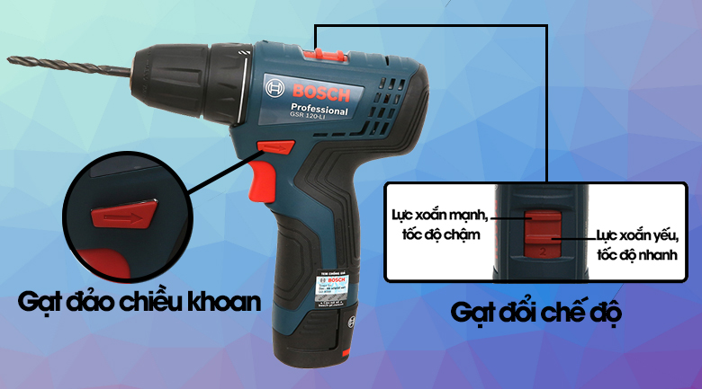 Máy khoan vặn vít dùng pin Bosch GSR 120-LI 1 pin - Bộ truyền động 2 cấp