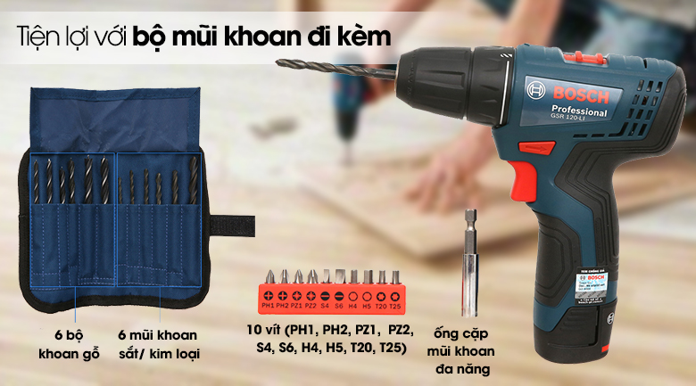 Máy khoan vặn vít dùng pin Bosch GSR 120-LI 1 pin - Tiện lợi với bộ mũi khoan đi kèm