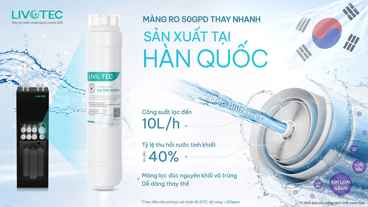 Livotec 625 sử dụng màng RO 50 GPD sản xuất tại Hàn Quốc